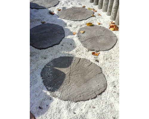 Zahradní scéna s nášlapnými deskami vzhledu řezu stromu na štěrkové cestě