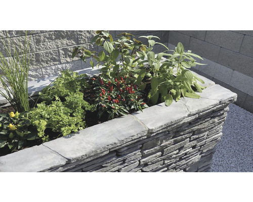 Kamenný vyvýšený záhon s různými bylinkami a rostlinami