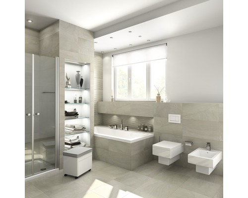 Moderní koupelna se sprchou, vanou, toaletou a umyvadlem a regály