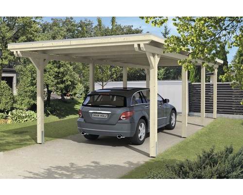 Přístřešek na auto SKAN HOLZ Emsland 354 x 846 cm přírodní vč. EPDM fólie Jednotlivý dřevěný přístřešek pro auto s autem na dvoře.