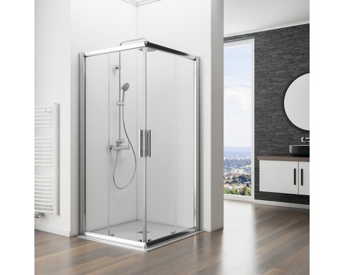 Rohová sprcha s posuvnými dveřmi v koupelně