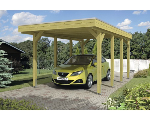 Přístřešek na auto SKAN HOLZ Friesland 314 x 555 cm impregnovaný vč. alu plechu Dřevěný přístřešek pro auto s autem na dlážděném povrchu