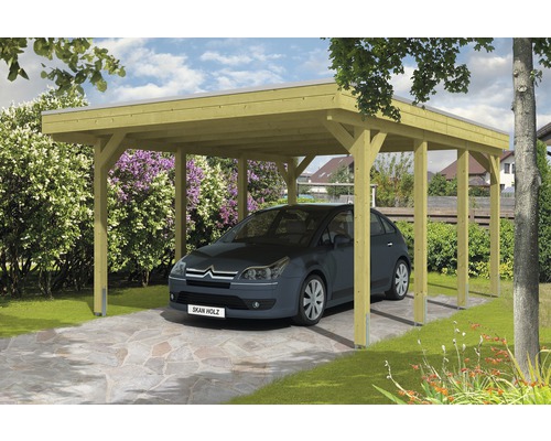 Přístřešek na auto SKAN HOLZ Friesland 397 x 555 cm impregnovaný vč. alu plechu Dřevěný přístřešek pro auto s zaparkovaným automobilem na zahradě.