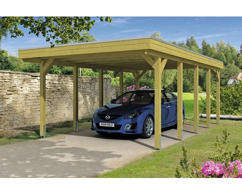 Přístřešek na auto SKAN HOLZ Friesland 397 x 708 cm impregnovaný vč. alu plechu Dřevěný přístřešek pro auto s parkujícím autem