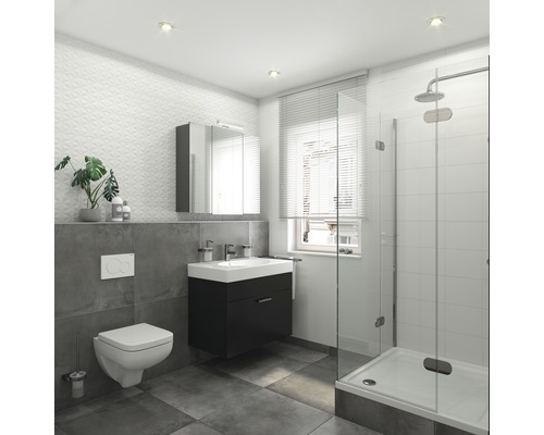 Moderní koupelna se sprchou, skříňkou pod umyvadlo, zrcadlovou skříňkou a toaletou.