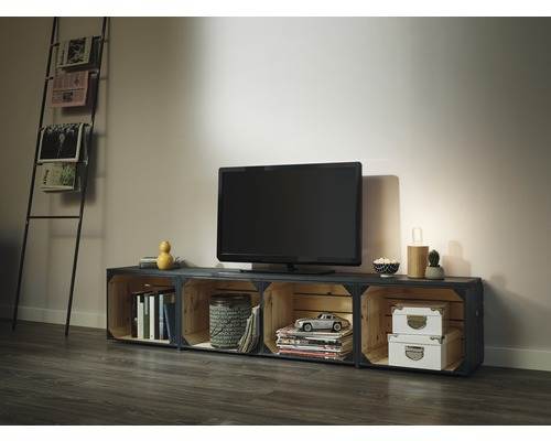 Obývací pokoj s televizní skříňkou z dřevěných beden, televizorem a stojanem na noviny