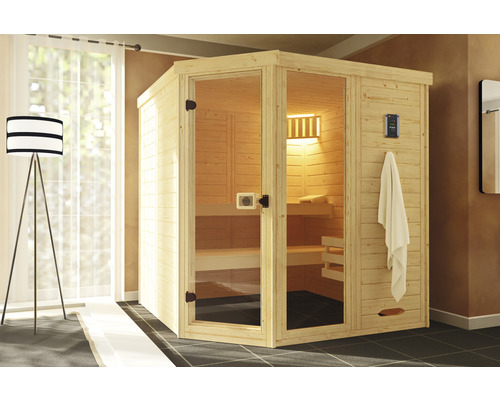 Sauna z masivního dřeva Laukkala vel.3 vč. 7,5kW kamen a digitálního ovládání s oknem a celoskleněnými dveřmi z čirého skla