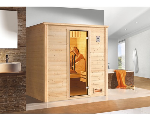 Sauna z masivního dřeva Weka GT vel.1 vč. 7,5kW kamen a digitálního ovládání a grafitově šedými celoskleněnými dveřmi