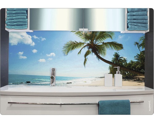 Koupelnové umyvadlo s plážovým motivem a ručníky