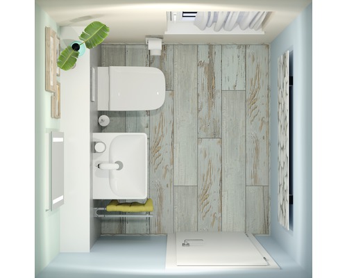 Pohled shora na koupelnu s toaletou, umyvadlem, zrcadlem, dřevěnou podlahou a sprchou