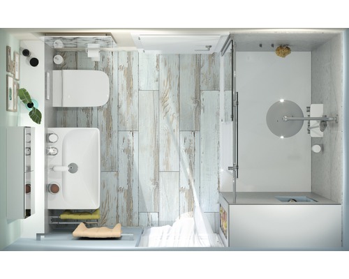 Koupelna s toaletou, umyvadlem a sprchou s dřevěnou podlahou