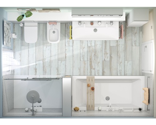 Pohled shora na koupelnu s toaletou, bidetem, umyvadlem, sprchou a vanou