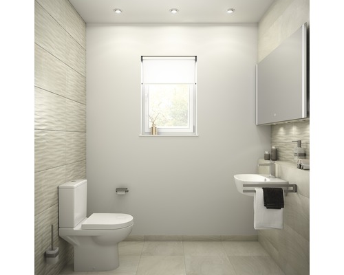 Světlá koupelna s toaletou, umyvadlem, zrcadlovou skříňkou a oknem