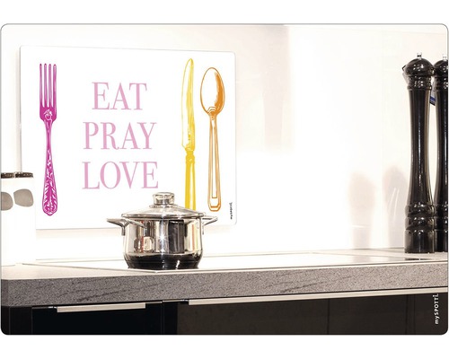 Dekorativní kuchyňský panel s nápisem Jez se modli miluj a obrázky příborů