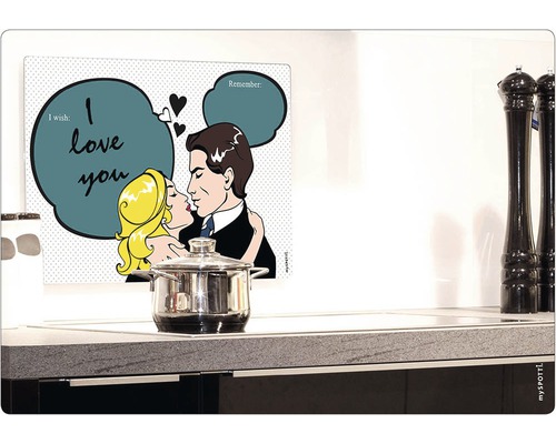 Magnetický kuchyňský panel s komiksovým motivem nad hrncem na sporáku