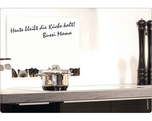 "Magnetická tabule myspotti s motivem psa a textem ""Dnes zůstane kuchyně studená! Bussi Mama"" v kuchyni"
