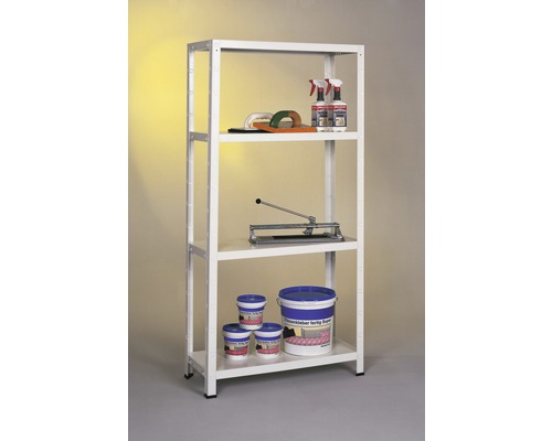 Regál s obkladačským nářadím a materiálem