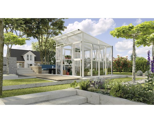 Skleník Vitavia Aphrodite 7800 kombinace skla a polykarbonátu 275 x 270 cm bílý Skleník v zahradě s rostlinami a květinami