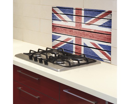 Kuchyňská zástěna s motivem Union Jack ze dřeva
