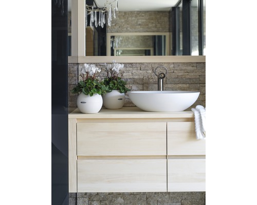 Koupelna s umyvadlovou skříňkou, umyvadlem na desku, baterií a dekorací