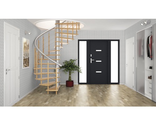 Vstupní prostor se spirálovým schodištěm, vchodovými dveřmi a šatnou