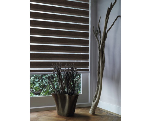 Interiérový pohled s oknem a hnědě pruhovanou roletou duo, která zajišťuje regulaci světla a soukromí