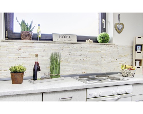 Kuchyňská scéna s mozaikovými obklady, dekoracemi, varnou deskou a troubou