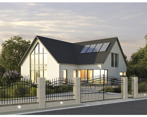 Dům s vjezdovou bránou a solárním systémem na střeše