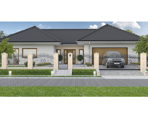 Rodinný dům s plotem, zahradní brankou a vjezdovou bránou