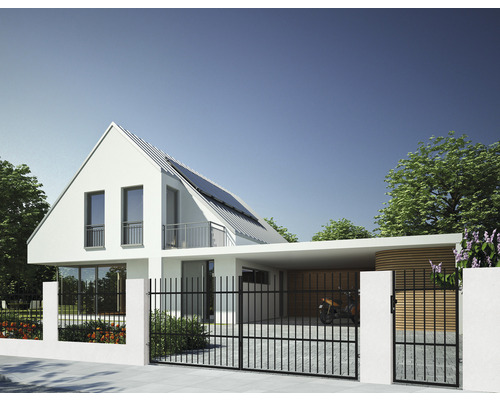 Moderní dům s plotem a přístřeškem pro auto