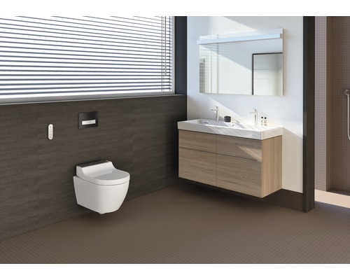 Moderní koupelna s toaletou zavěšenou na stěně, umyvadlem a zrcadlem