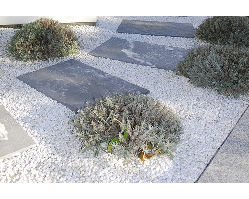 Zahradní chodník s šedými nášlapnými deskami a bílým ozdobným štěrkem