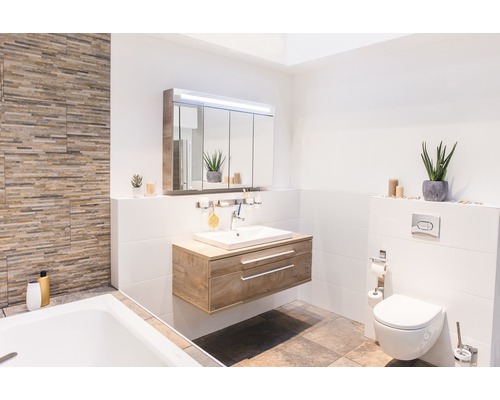 Koupelna s umyvadlem, zrcadlovou skříňkou, toaletou a vanou