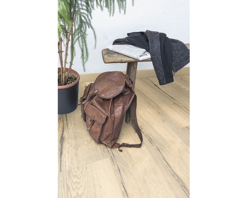 Scéna s hnědým koženým batohem, novinami, oblečením na dřevěné lavici a pokojovou rostlinou.