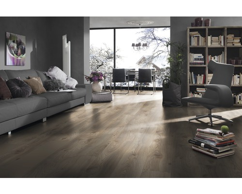 Obývací pokoj s pohovkou, křeslem, knihovnou a laminátovou podlahou.