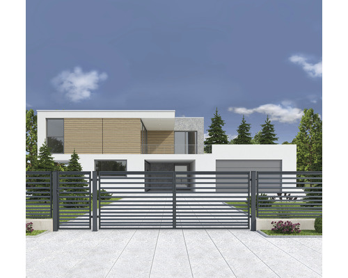 Moderní dům s posuvnou bránou a plotem