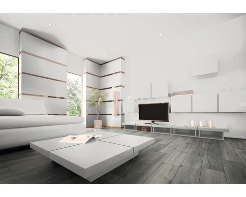 Světlý obývací pokoj s pohovkou, obývací stěnou, stolem a dekorací