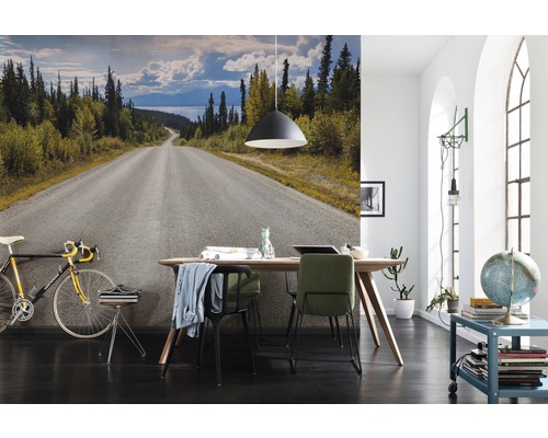 Ukázka uspořádání pokoje s fototapetou silnice vedoucí lesní krajinou