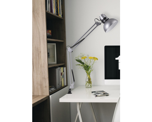 Stůl s otočnou lampou, počítačem, zápisníkem a kyticí před knihovnou.