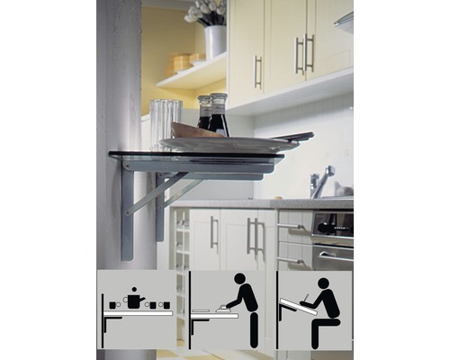 Sklopný nástěnný stolek v kuchyňském prostředí s příklady použití jako ikony