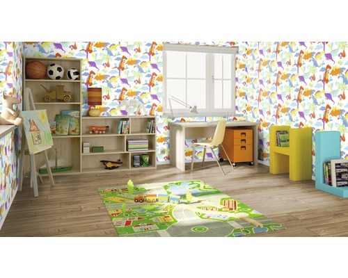 Dětský pokoj s psacím stolem, knihovnou a tapetou s dinosaury