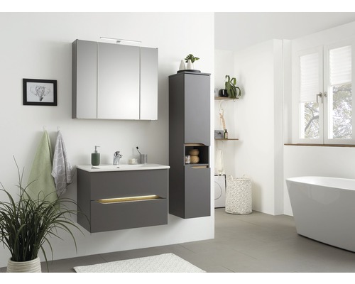 Koupelna s umyvadlem, zrcadlovou skříňkou a vysokou skříňkou v moderním designu