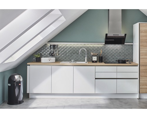 Kuchyně s bílými skříňkami, umyvadlem, digestoří a odpadkovým košem pod střešním oknem