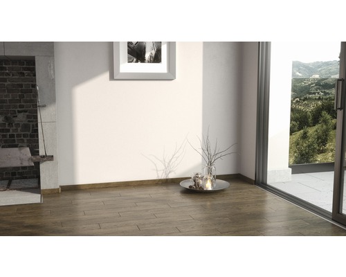 Světlá místnost s dřevěnou podlahou, terasovými dveřmi a dekorací