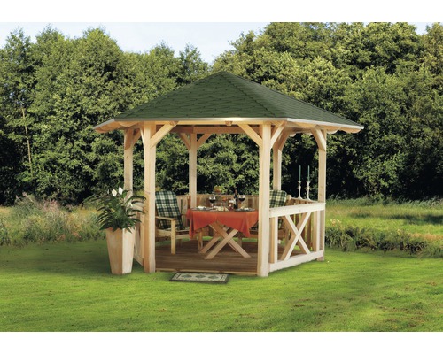 Zahradní altán SKAN HOLZ Colmar Velikost 1, o 360 cm, douglaska, neošetřený Dřevěný altán se stolem a židlemi na zahradě