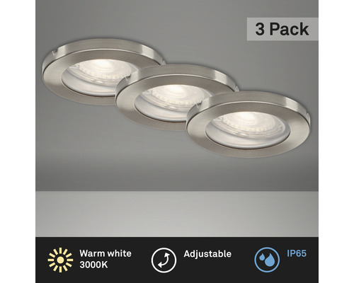 LED zápustné osvětlení Briloner IP65 GU10 3x5 W 400 lm 3000 K matný chrom set Sada tří vestavných svítidel, nastavitelná a s krytím IP65.
