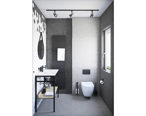 Moderní koupelna s umyvadlem, toaletou a šedými akcenty