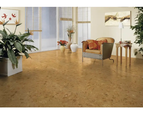 Světlý pokoj s korkovou podlahou, křeslem a rostlinami