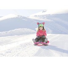 Dítě jezdí na sáňkách po zasněženém svahu.