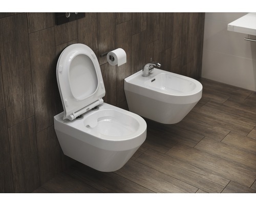 Závěsná toaleta a bidet v koupelně